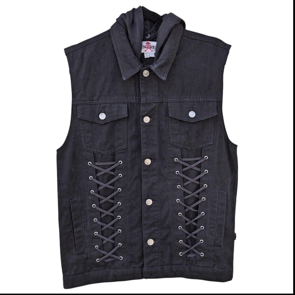 Royal Bones Black Denim Hooded Vest Button-Up Lace-Up Detail   Men Size Small